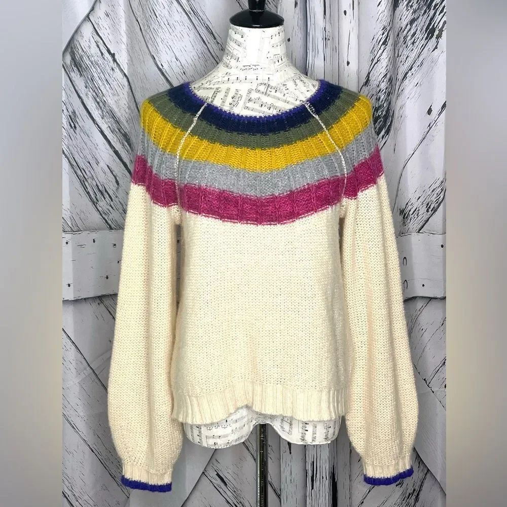 Anthropologie Cream Pullover Sweater Striped Trim Size M